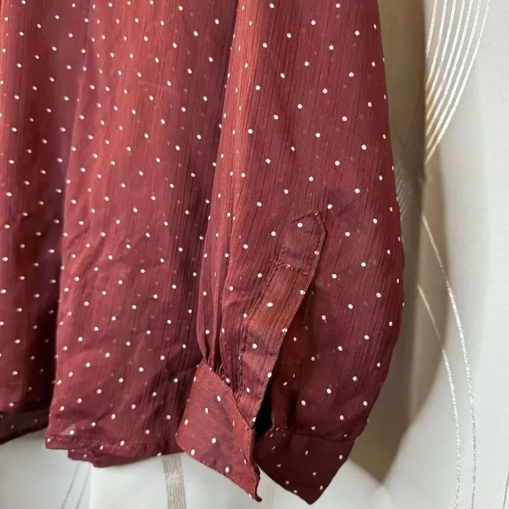 Eddie Bauer L Burgundy Long Sleeve Semi‎ Sheer Blouse Button Up Polka Dots - Picture 8 of 16